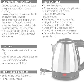 Electric Kettle, 2.0 Litre, 1500w, Auto Fast Boil Feature, 360 Degree Rotating Base, Safety Lid With Locking Mechanism (silver)