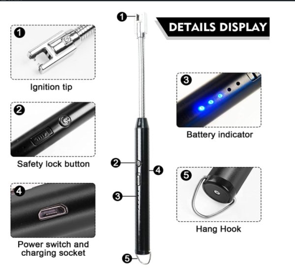 USB Rechargeable Flameless Arc Lighter Flexible & Windproof for Candles, Led Battery Display,Hiking, Camping, Kitchen, Fireplaces